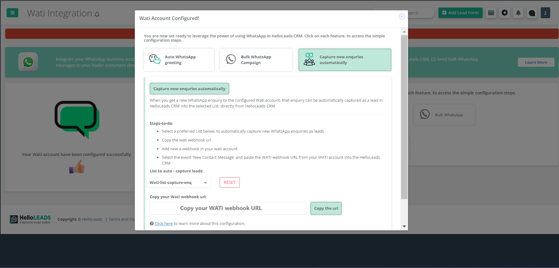 WATI webhook URL